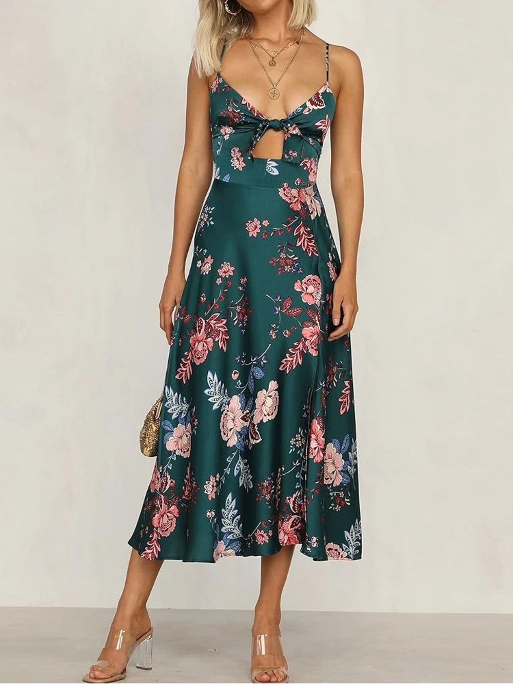 Teal Green Floral Tie-Front Midi Dress